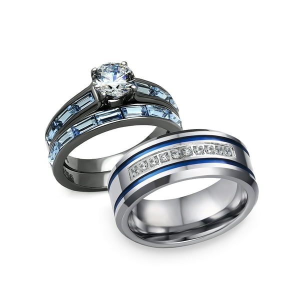 Stainles Steel His & Hers 3 Round CZ Wedding Engagement Bridal 3PC Ring Band Set